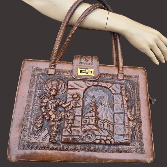 Vintage 70s Mexican Mayan Tooled Leather Handbag Shoulder Bag  Brown Top Handles - Picture 1 of 12